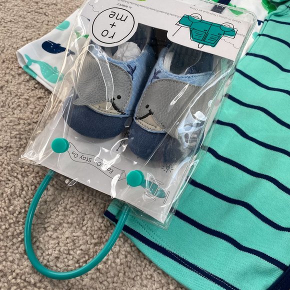 NWT Baby WHALE Bundle - 2 Snap Whale Pattern Rompers And Whale Booties - Picture 5 of 12